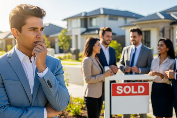 A man in a suit looks pensive in the foreground while five people stand near a "SOLD" sign in front of a house in the background.
