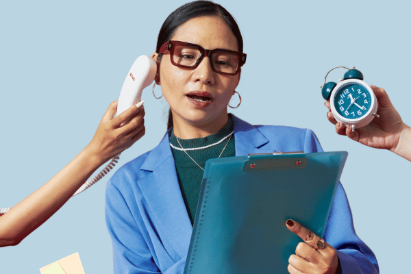 A focused woman in a blue blazer and oversized glasses holds a teal clipboard as hands offer her a white phone and blue alarm clock.